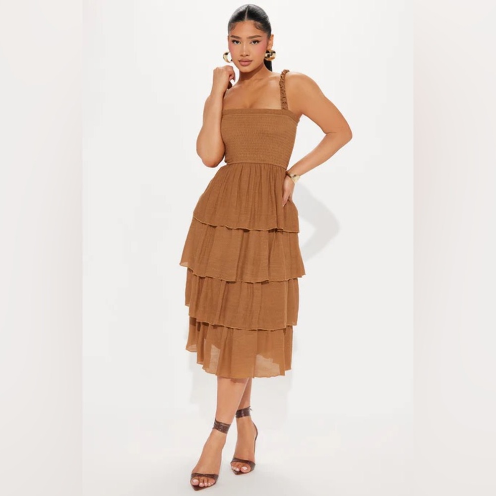 Brown Tiered Midi Dress